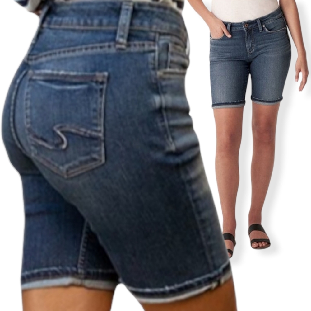 Silver Jeans Co.♠️Suki Flip Cuff Dark Indigo  Bermuda Jean Shorts, Size 27, NWT